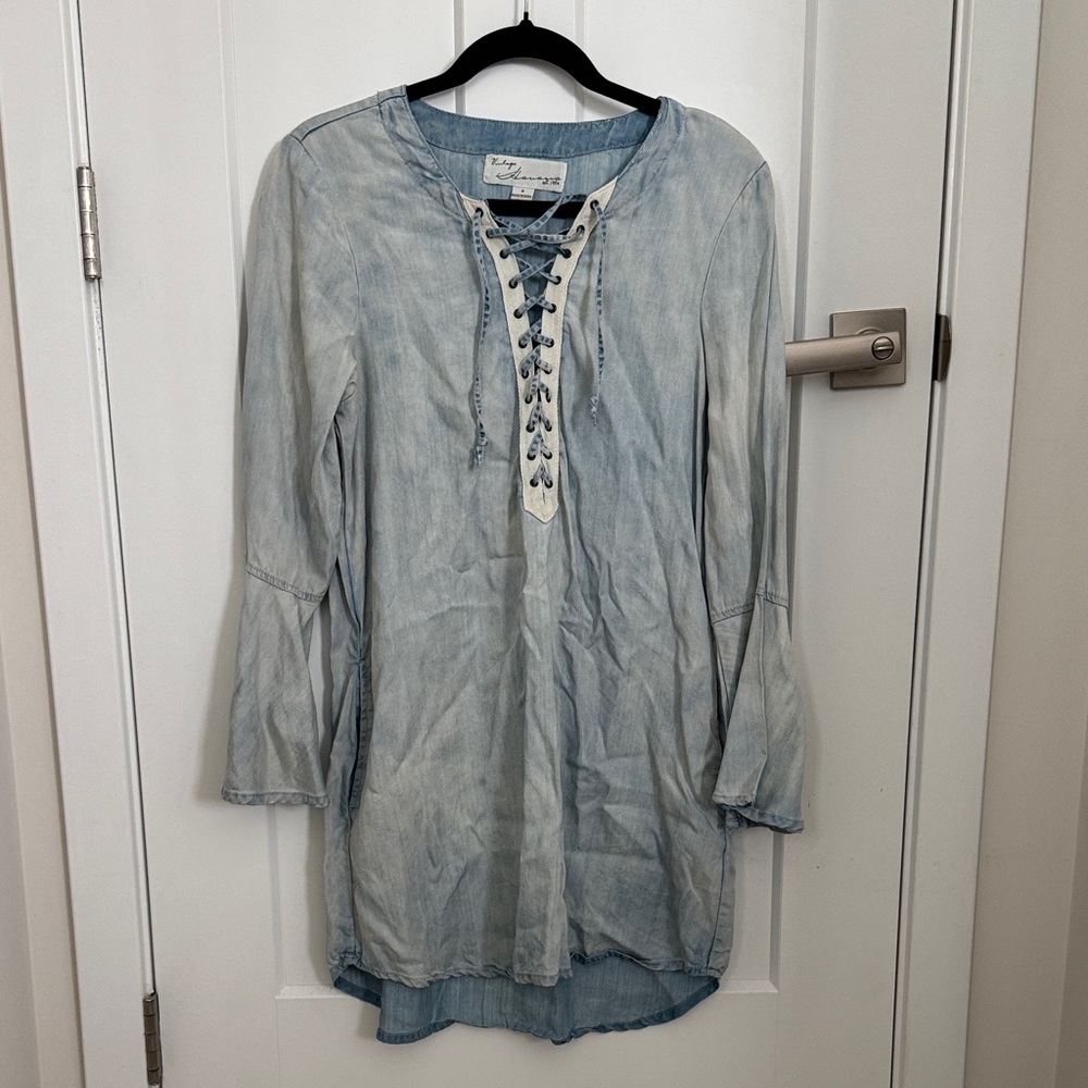 Vintage Havana Light Blue Lace-Up Tunic with Bell Sleeves